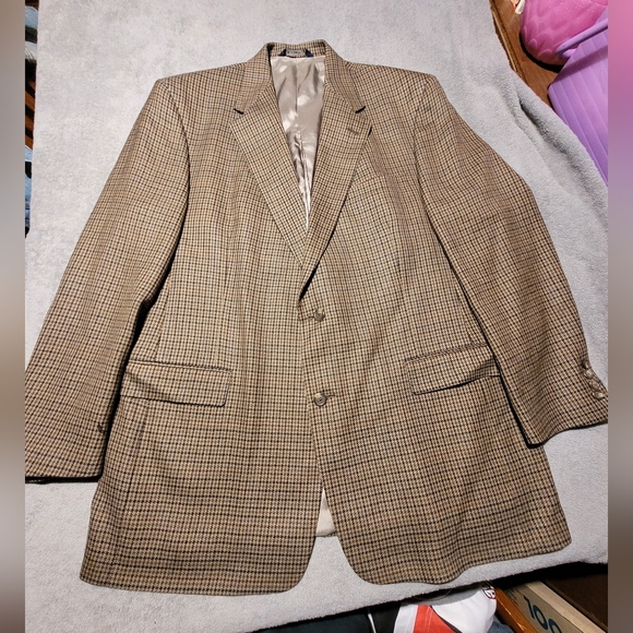 Vtg Burberry's Houndstooth Blazer Size 46L Brown Wool Sport Coat Two Button USA